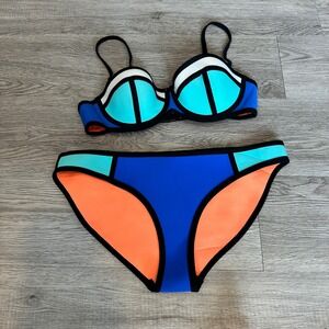 TRIANGL Neoprene Bikini Swimsuit Set Blue Orange Black Small neon resort